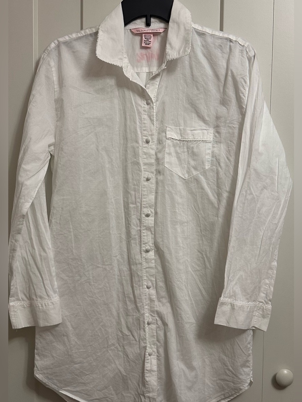 Victoria's Secret White Cotton Poplin Lace Trim Sleepshirt Nightgown XS LooseFit